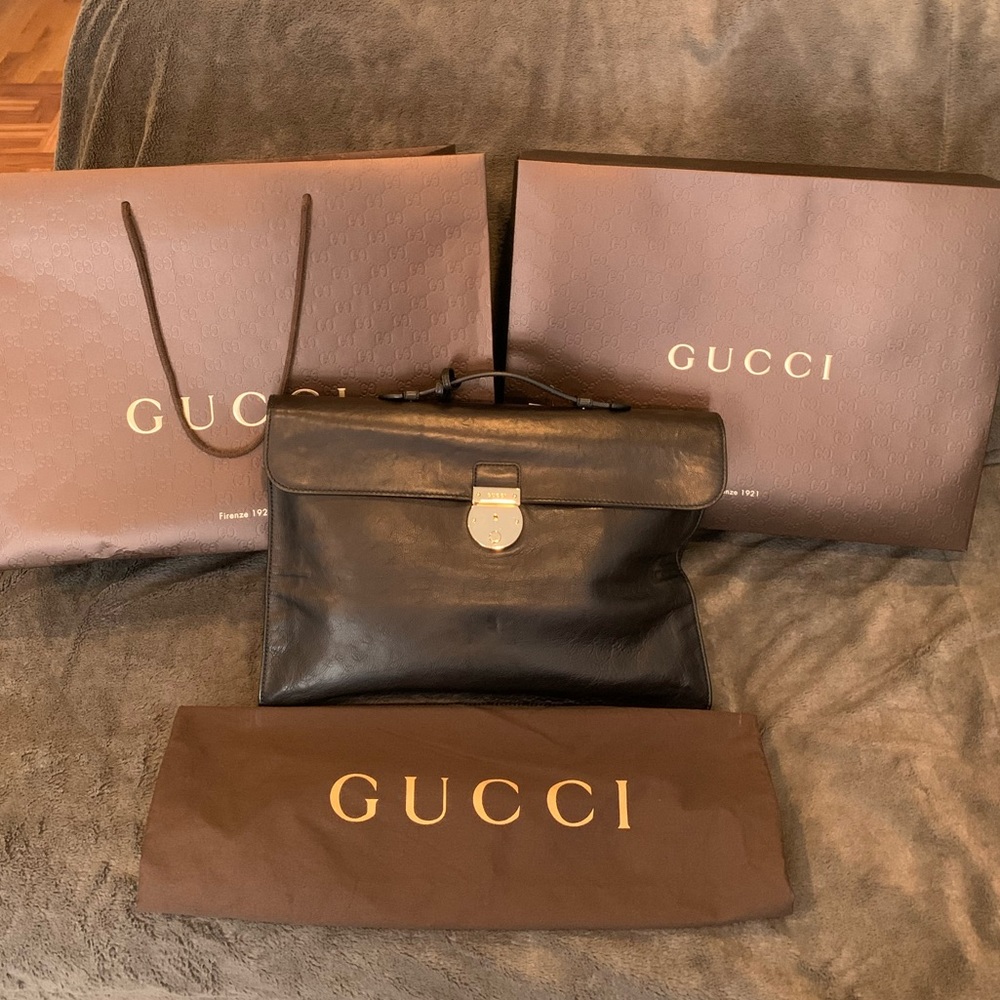 NWT GUCCI Black Leather Fold Briefcase/Portfolio